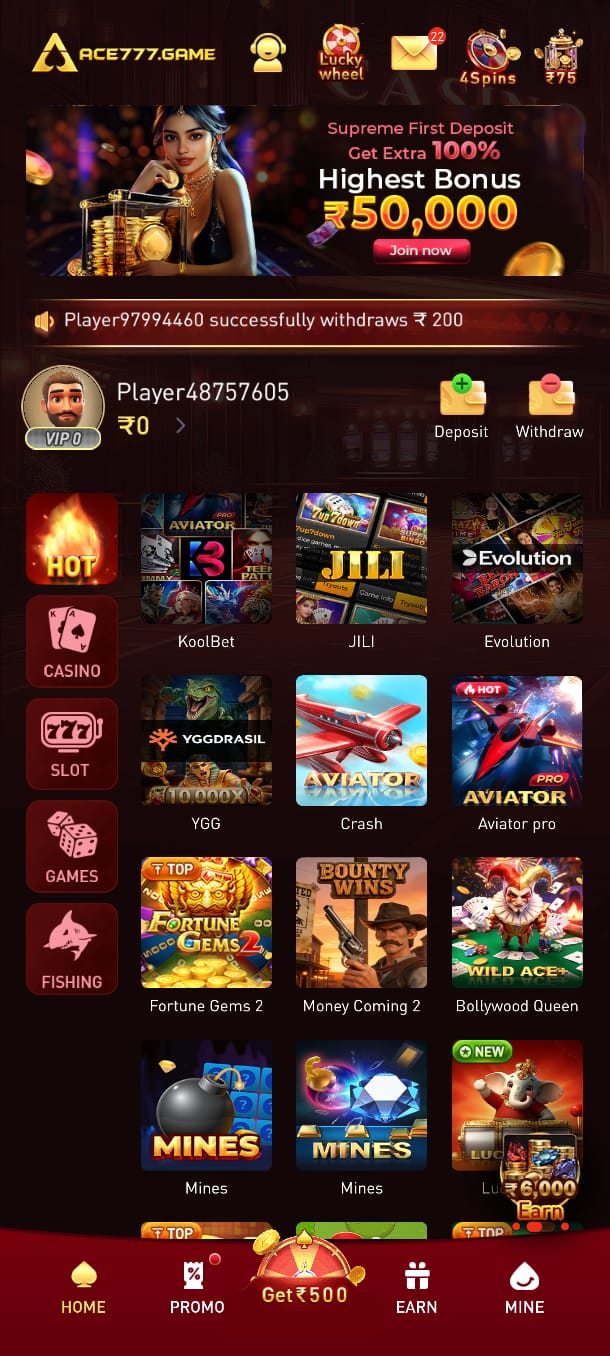 ACE777 home screen showing casino games, Aviator, JILI, Evolution, Fortune Gems, Mines, deposit and withdrawal options.
