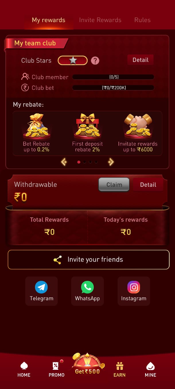 ACE777 rewards page displaying team club, rebate offers, withdrawable balance, invite friends section, and social sharing options.